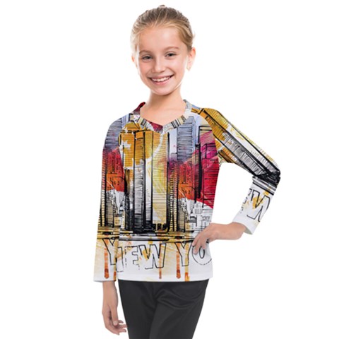 New York City Skyline Vector Illustration Kids  Long Mesh Tee by Mog4mog4