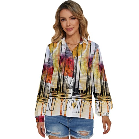 New York City Skyline Vector Illustration Women s Long Sleeve Button Up Shirt by Mog4mog4