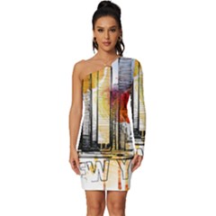 New York City Skyline Vector Illustration Long Sleeve One Shoulder Mini Dress by Mog4mog4