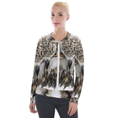 Vector Hand Painted Owl Velvet Zip Up Jacket by Mog4mog4