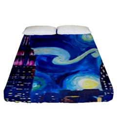 Starry Night In New York Van Gogh Manhattan Chrysler Building And Empire State Building Fitted Sheet (queen Size) by Mog4mog4