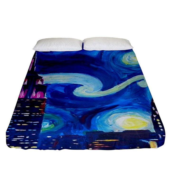 Starry Night In New York Van Gogh Manhattan Chrysler Building And Empire State Building Fitted Sheet (King Size)