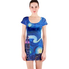 Starry Night In New York Van Gogh Manhattan Chrysler Building And Empire State Building Short Sleeve Bodycon Dress by Mog4mog4