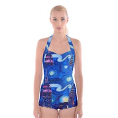 Starry Night In New York Van Gogh Manhattan Chrysler Building And Empire State Building Boyleg Halter Swimsuit  by Mog4mog4