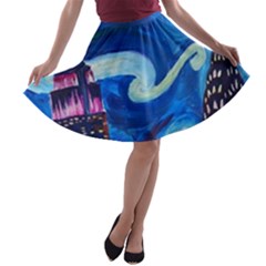 Starry Night In New York Van Gogh Manhattan Chrysler Building And Empire State Building A-line Skater Skirt by Mog4mog4