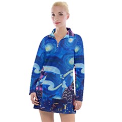 Starry Night In New York Van Gogh Manhattan Chrysler Building And Empire State Building Women s Long Sleeve Casual Dress by Mog4mog4