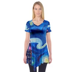 Starry Night In New York Van Gogh Manhattan Chrysler Building And Empire State Building Short Sleeve Tunic  by Mog4mog4