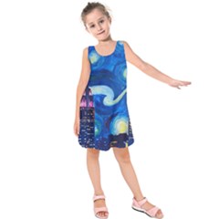 Starry Night In New York Van Gogh Manhattan Chrysler Building And Empire State Building Kids  Sleeveless Dress by Mog4mog4