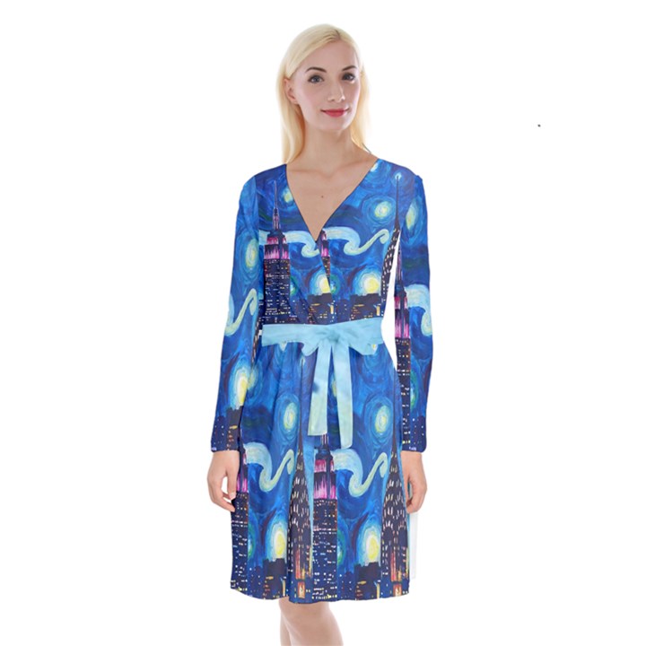 Starry Night In New York Van Gogh Manhattan Chrysler Building And Empire State Building Long Sleeve Velvet Front Wrap Dress