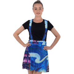 Starry Night In New York Van Gogh Manhattan Chrysler Building And Empire State Building Velvet Suspender Skater Skirt by Mog4mog4