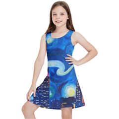 Starry Night In New York Van Gogh Manhattan Chrysler Building And Empire State Building Kids  Lightweight Sleeveless Dress by Mog4mog4