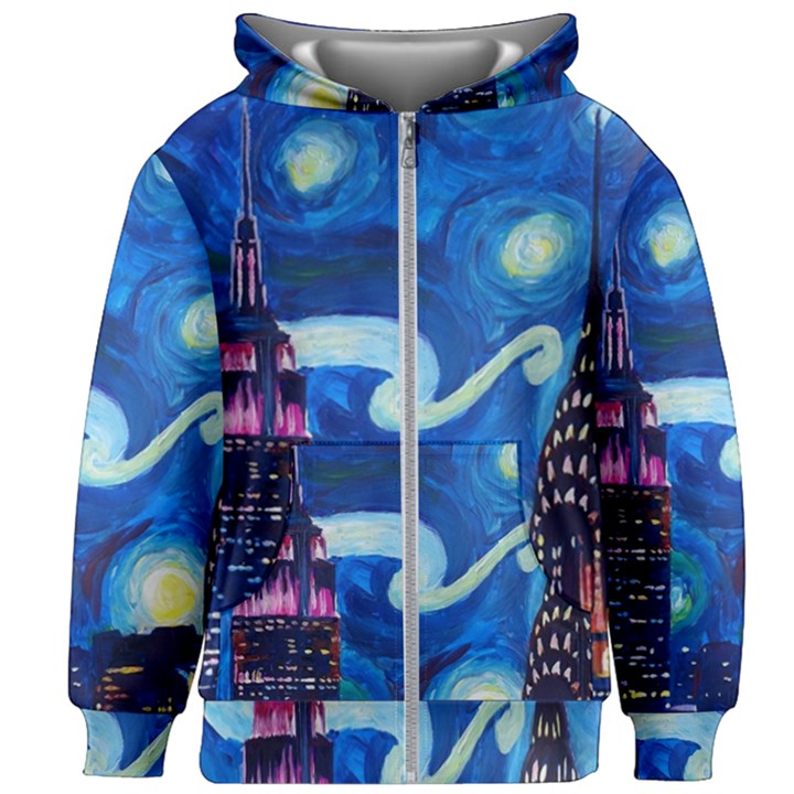 Starry Night In New York Van Gogh Manhattan Chrysler Building And Empire State Building Kids  Zipper Hoodie Without Drawstring