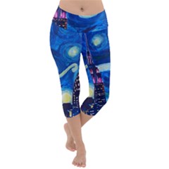 Starry Night In New York Van Gogh Manhattan Chrysler Building And Empire State Building Lightweight Velour Capri Yoga Leggings