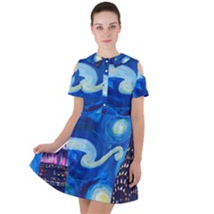 Starry Night In New York Van Gogh Manhattan Chrysler Building And Empire State Building Short Sleeve Shoulder Cut Out Dress  by Mog4mog4