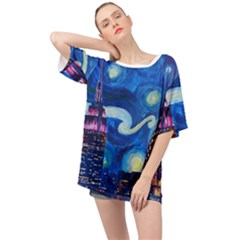 Starry Night In New York Van Gogh Manhattan Chrysler Building And Empire State Building Oversized Chiffon Top by Mog4mog4