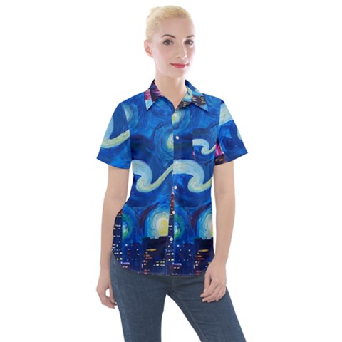 Starry Night In New York Van Gogh Manhattan Chrysler Building And Empire State Building Women s Short Sleeve Pocket Shirt by Mog4mog4