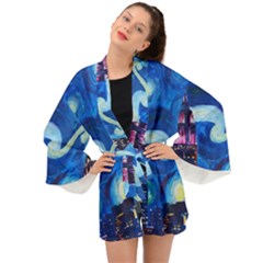 Starry Night In New York Van Gogh Manhattan Chrysler Building And Empire State Building Long Sleeve Kimono by Mog4mog4