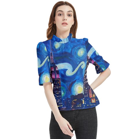 Starry Night In New York Van Gogh Manhattan Chrysler Building And Empire State Building Frill Neck Blouse by Mog4mog4