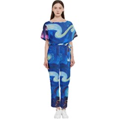 Starry Night In New York Van Gogh Manhattan Chrysler Building And Empire State Building Batwing Lightweight Chiffon Jumpsuit by Mog4mog4