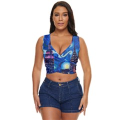 Starry Night In New York Van Gogh Manhattan Chrysler Building And Empire State Building Women s Sleeveless Wrap Top by Mog4mog4