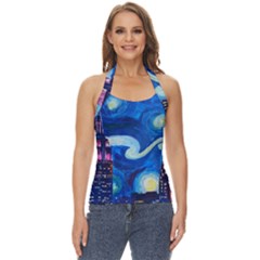 Starry Night In New York Van Gogh Manhattan Chrysler Building And Empire State Building Basic Halter Top by Mog4mog4