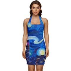 Starry Night In New York Van Gogh Manhattan Chrysler Building And Empire State Building Sleeveless Wide Square Neckline Ruched Bodycon Dress by Mog4mog4