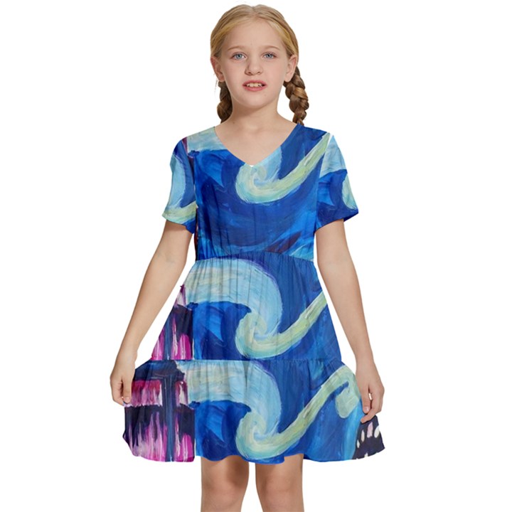 Starry Night In New York Van Gogh Manhattan Chrysler Building And Empire State Building Kids  Short Sleeve Tiered Mini Dress