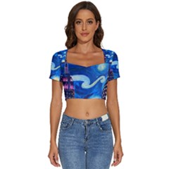 Starry Night In New York Van Gogh Manhattan Chrysler Building And Empire State Building Short Sleeve Square Neckline Crop Top 