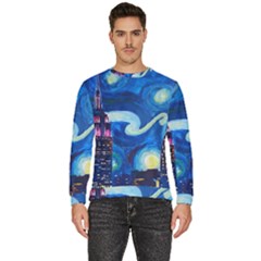 Starry Night In New York Van Gogh Manhattan Chrysler Building And Empire State Building Men s Fleece Sweatshirt by Mog4mog4