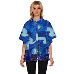 Starry Night In New York Van Gogh Manhattan Chrysler Building And Empire State Building Women s Batwing Button Up Shirt