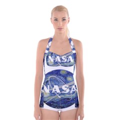 Vincent Van Gogh Starry Night Art Painting Planet Galaxy Boyleg Halter Swimsuit  by Mog4mog4