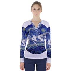 Vincent Van Gogh Starry Night Art Painting Planet Galaxy V-neck Long Sleeve Top by Mog4mog4