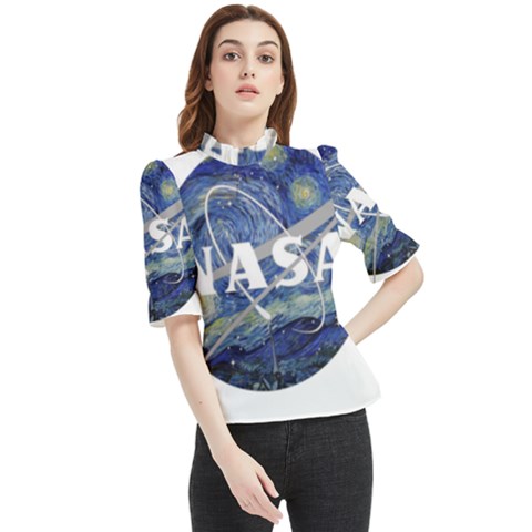 Vincent Van Gogh Starry Night Art Painting Planet Galaxy Frill Neck Blouse by Mog4mog4