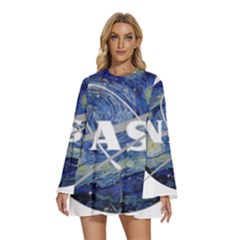 Vincent Van Gogh Starry Night Art Painting Planet Galaxy Round Neck Long Sleeve Bohemian Style Chiffon Mini Dress