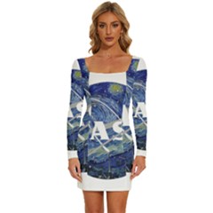 Vincent Van Gogh Starry Night Art Painting Planet Galaxy Long Sleeve Square Neck Bodycon Velvet Dress by Mog4mog4