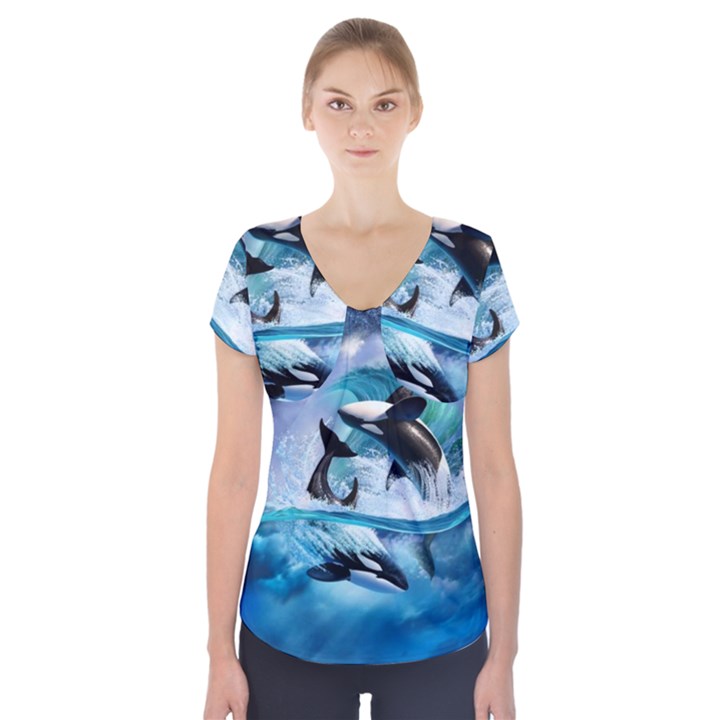 Orca Wave Water Underwater Short Sleeve Front Detail Top