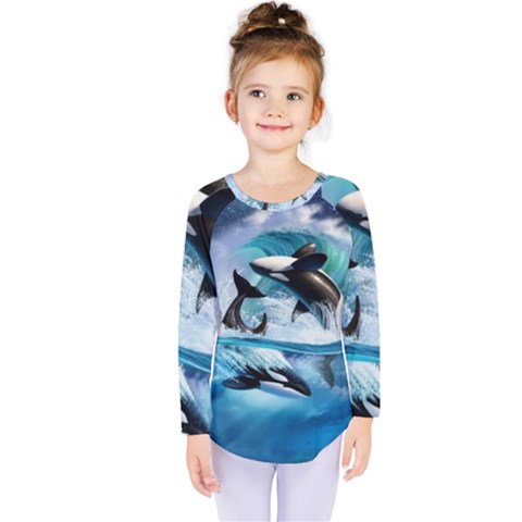 Orca Wave Water Underwater Kids  Long Sleeve Tee by Mog4mog4