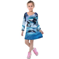 Orca Wave Water Underwater Kids  Long Sleeve Velvet Dress by Mog4mog4