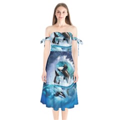 Orca Wave Water Underwater Shoulder Tie Bardot Midi Dress by Mog4mog4