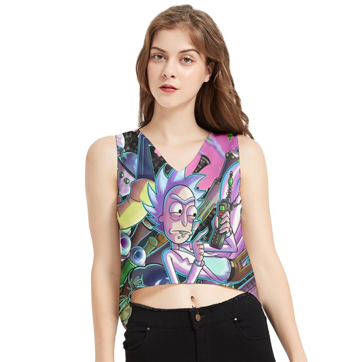 Cartoon Parody Time Travel Ultra Pattern V-Neck Cropped Tank Top