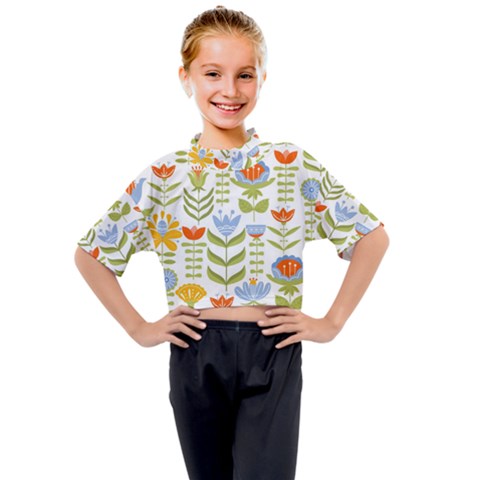 Seamless Pattern With Various Flowers Leaves Folk Motif Kids Mock Neck Tee by Mog4mog4