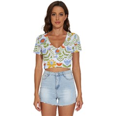 Seamless Pattern With Various Flowers Leaves Folk Motif V-neck Crop Top by Mog4mog4