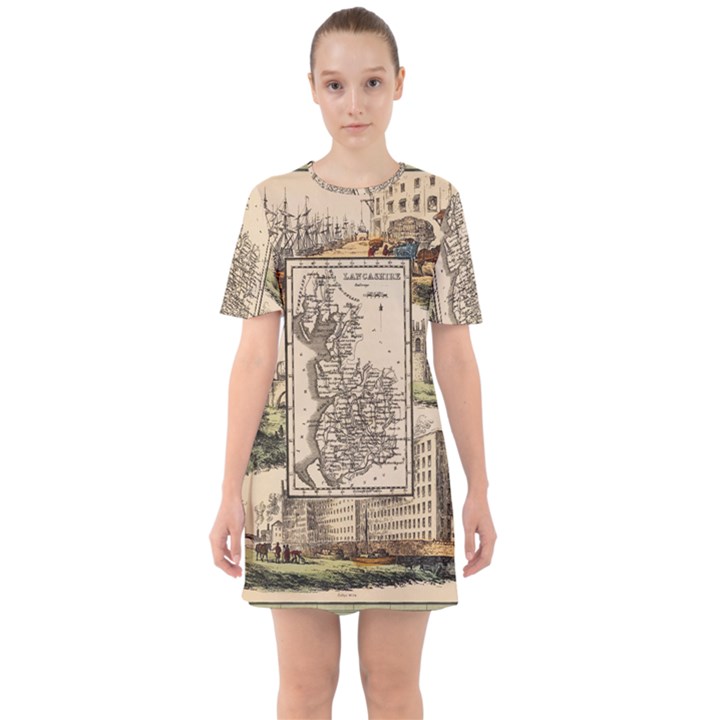 Antique Map Railway Lines Railway Train Char Sixties Short Sleeve Mini Dress