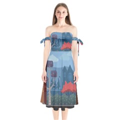 Town Vector Illustration Illustrator City Urban Shoulder Tie Bardot Midi Dress by Mog4mog4