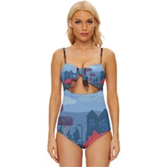 Town Vector Illustration Illustrator City Urban Knot Front One-piece Swimsuit by Mog4mog4