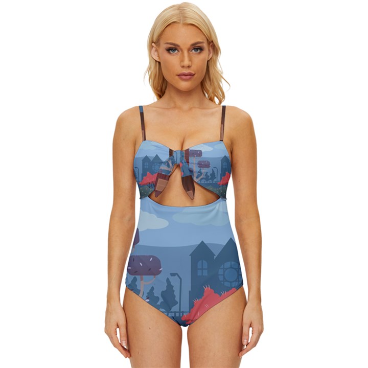 Town Vector Illustration Illustrator City Urban Knot Front One-Piece Swimsuit