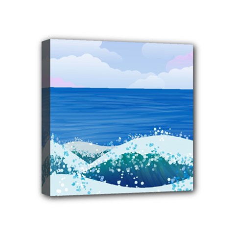 Illustration Landscape Sea Ocean Waves Beach Blue Mini Canvas 4  X 4  (stretched) by Mog4mog4