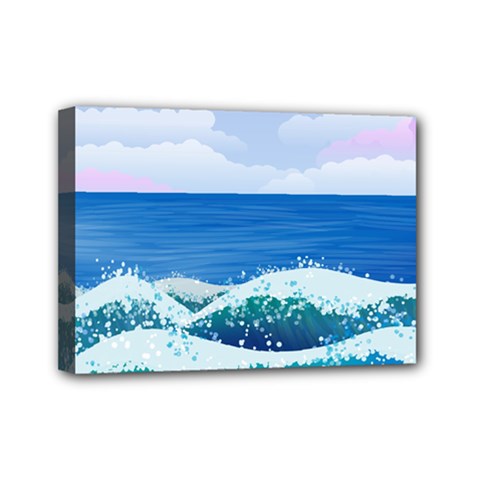 Illustration Landscape Sea Ocean Waves Beach Blue Mini Canvas 7  X 5  (stretched) by Mog4mog4