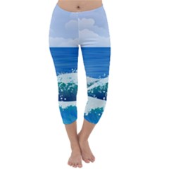 Illustration Landscape Sea Ocean Waves Beach Blue Capri Winter Leggings 