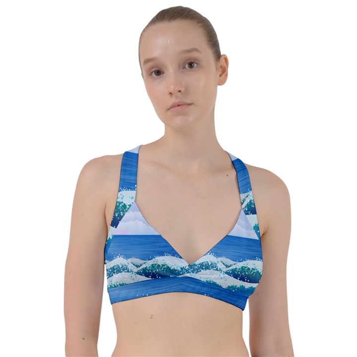 Illustration Landscape Sea Ocean Waves Beach Blue Sweetheart Sports Bra